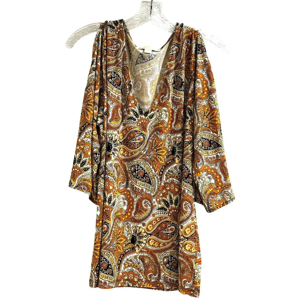 Michael Kors upscale Boho tunic top size M golden yellow paisley print popover